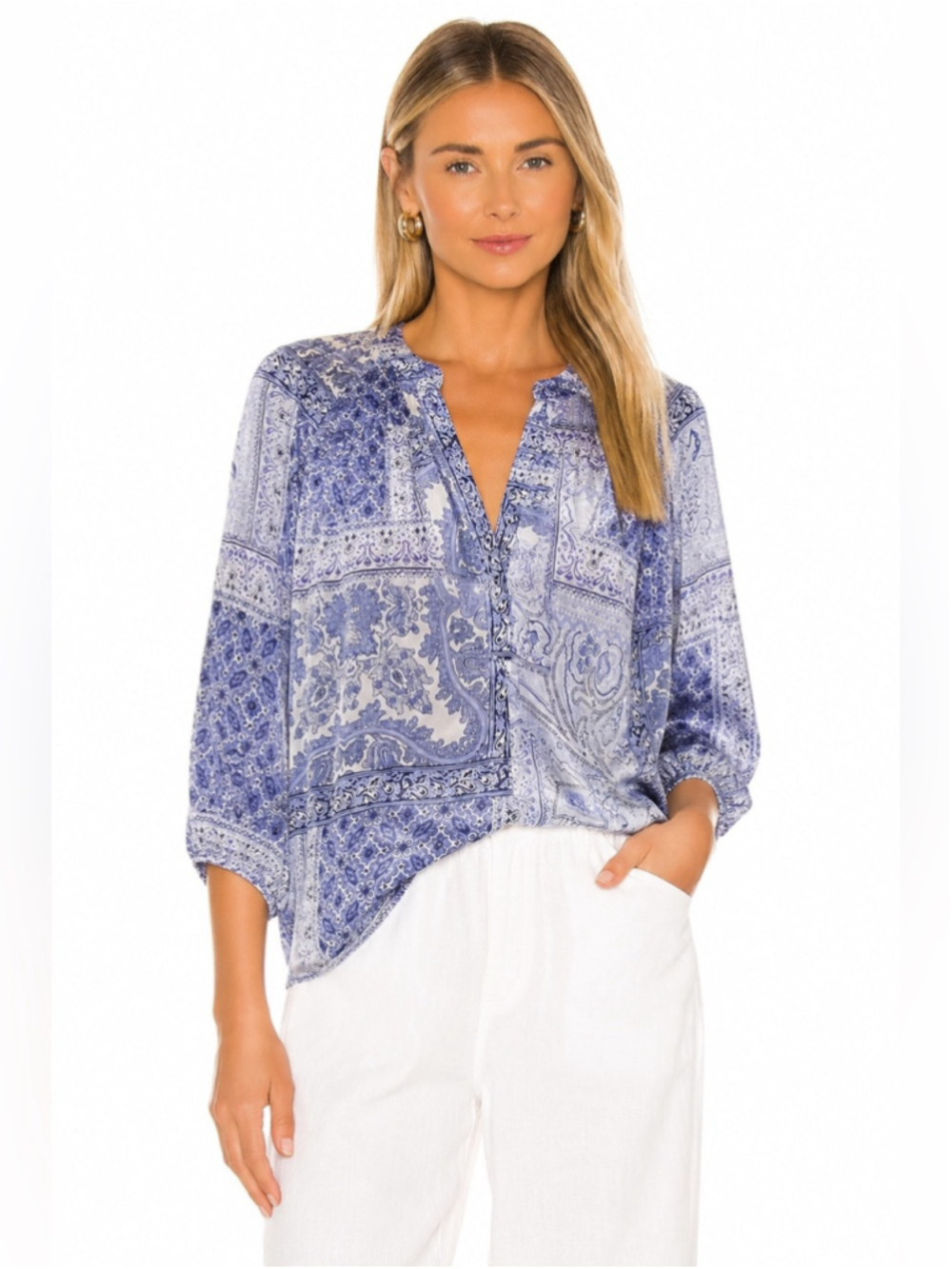 Joie 100% Silk Paisley Blouse Size Large Blue & White